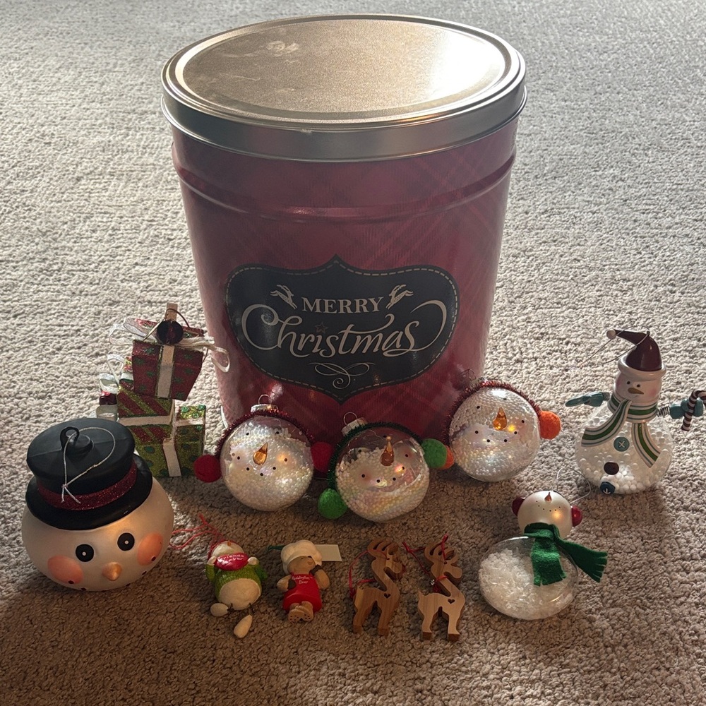 Festive Christmas Ornament Set with Red Tin